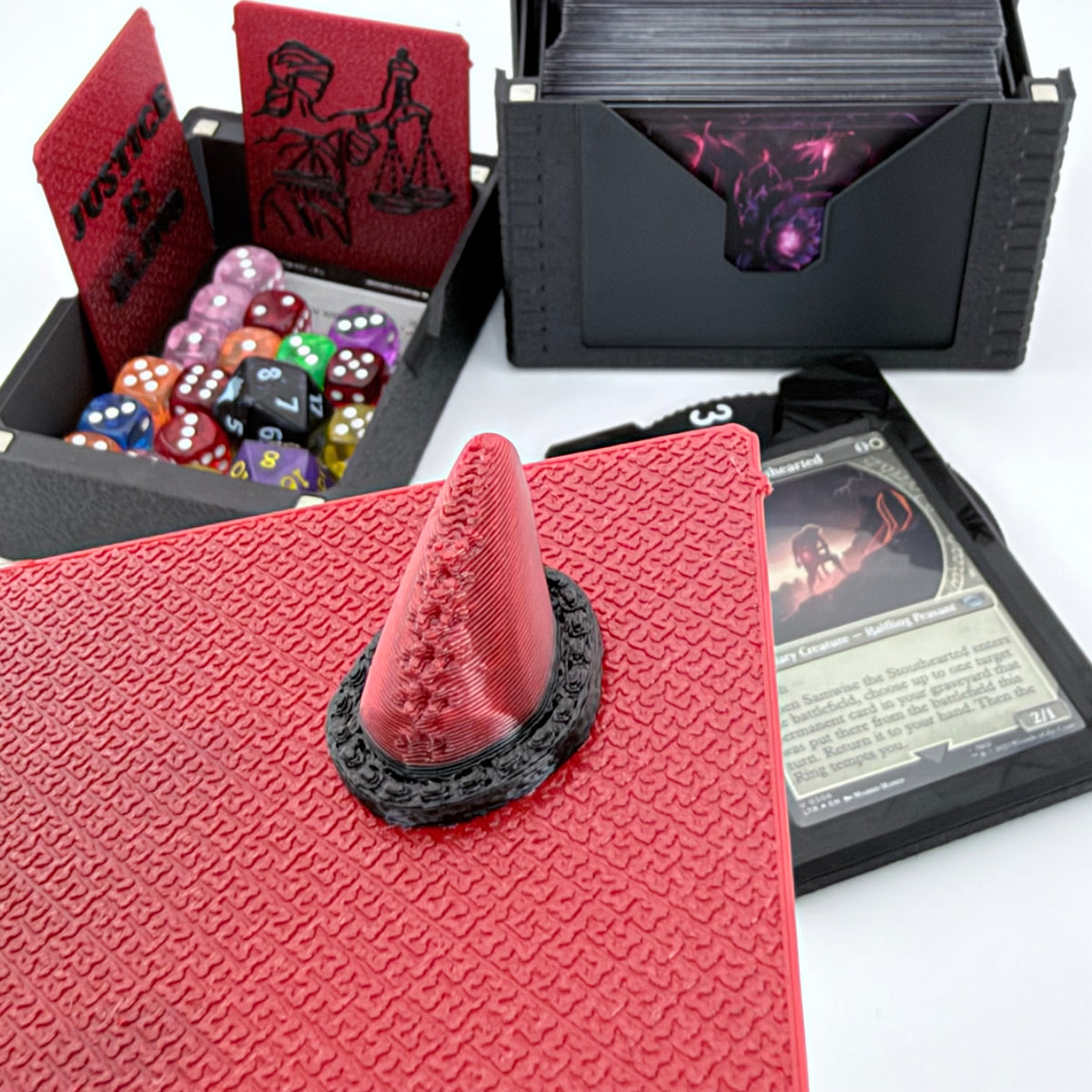 Justice is Blind Universal DeckDock – Magic The Gathering Deck Box with Counter & Token Tray